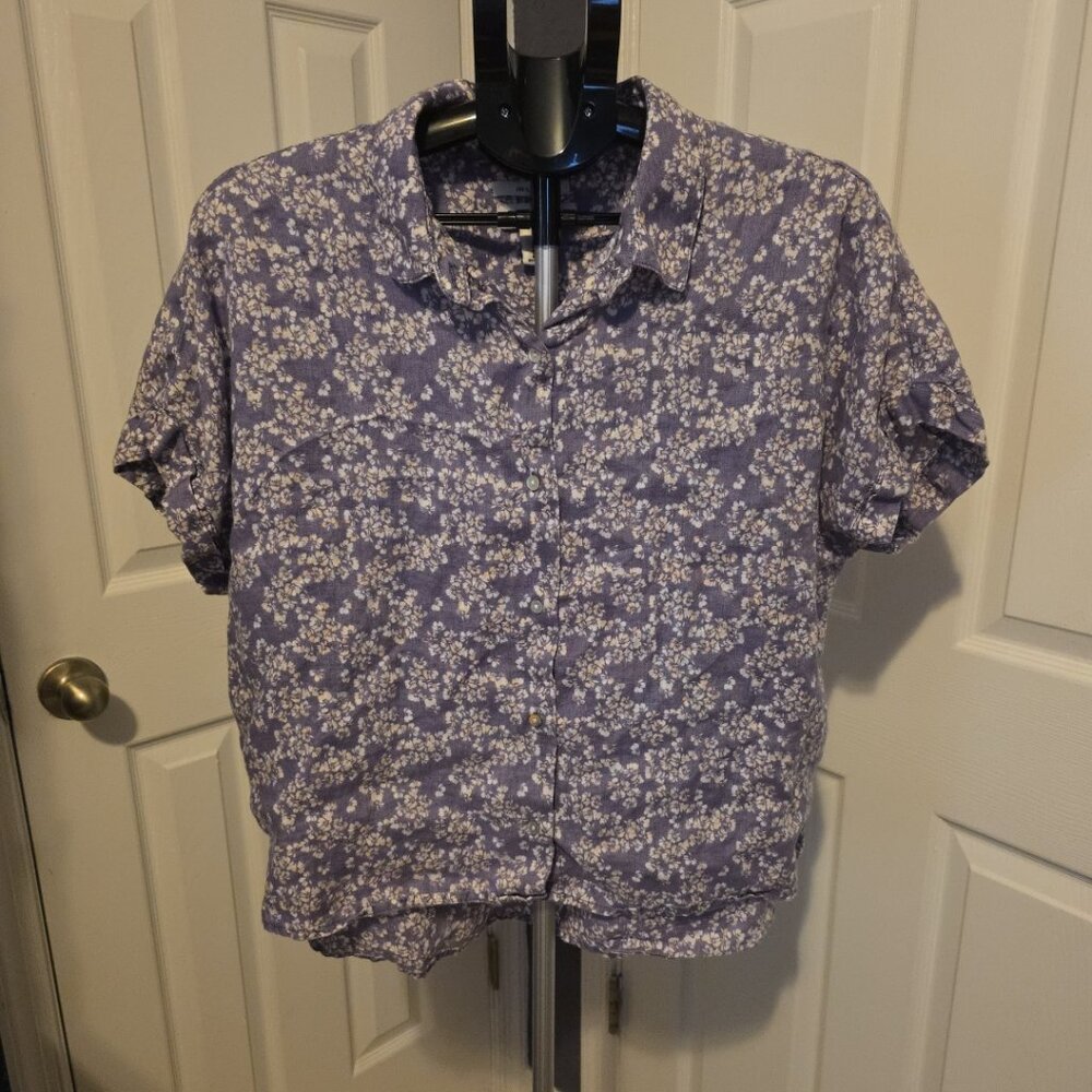 Rachel Zoe 100% Linen Floral Boxy Short Sleeve Button Down Shirt Purple Large L